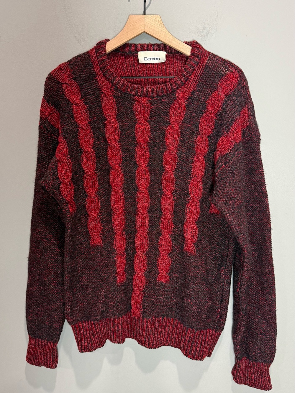 Vintage Damon 100% Wool Cable Knit Sweater L Red Black Grandpa Ski